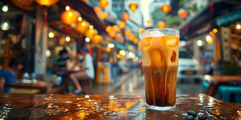 Vietnamese Iced Coffee with Condensed Milk in Vibrant Street Market Atmosphere