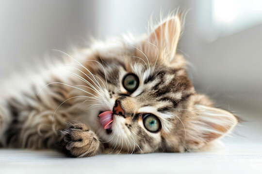 Funny large longhair gray kitten with beautiful big green eyes lying on white table. Lovely fluffy cat licking lips. Free space for text
