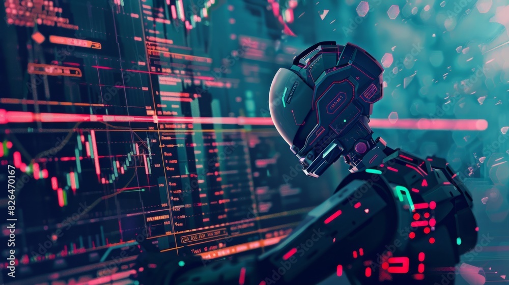 Poster a robot clad in a futuristic suit intensely studies a stock chart displayed in front of it.