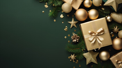 Christmas green background with golden baubles and gift boxes