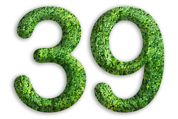 3d of the number of 39 is made from green grass on white background, go green concept