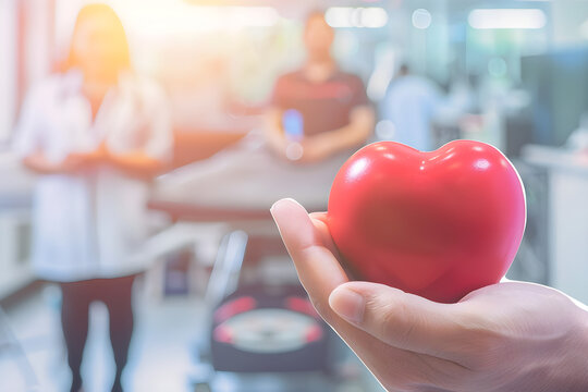 Red heart-shaped hand exercise ball with doctor's stethoscope on hospital background. Hospital life insurance concept. World heart health day, doctor day, world hypertension.