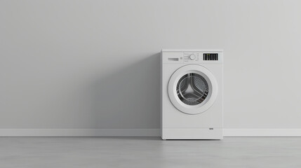 The image shows a washing machine in a room with a white background. The washing machine is white and has a front-loading door.