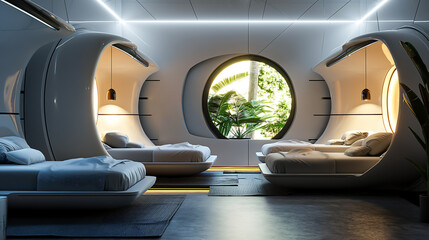 Futuristic bedroom with furniture, modern bedroom of the next generation of rest areas or space ship interior, Modern design of bedroom in starship