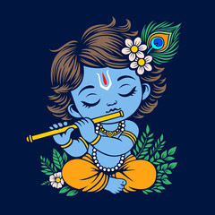 Baby Krishna sits in lotus position and plays the flute, Cute kid Lord Krishna vector illustration in cartoon style. Hindu deity.