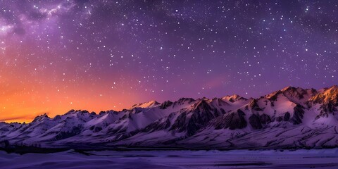 Fototapeta premium Stars twinkle in lavender sky over snowy mountains enchanting the landscape. Concept Nature, Beauty, Sky, Stars, Mountains