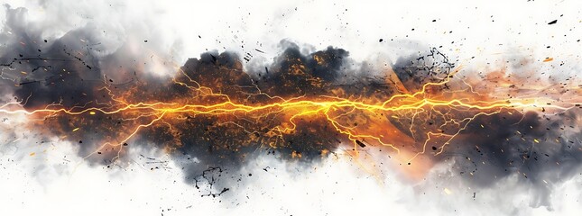 White background, a horizontal strip of smoke and lightning in the center of an orange black cloud with yellow electric sparks
