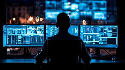 Cybersecurity professional monitoring computer networks in a dark operations center, analyzing data on multiple screens for security threats.