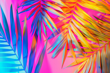 Obraz premium Tropical and palm leaves in vibrant bold gradient holographic colors. Concept art. Minimal surrealism 
