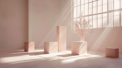 studio setting with pedestals in pastel colours. Space full of sunlight