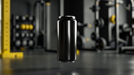 product shot of a black slimline can set against a modern gym background. Perfect for energy drinks or fitness products.