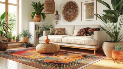 A bohemian chic living space with eclectic furniture, vibrant colors, and a mix of patterns.