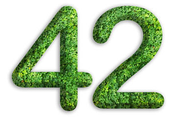 3d of the number of 42 is made from green grass on white background, go green concept
