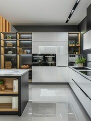 Modern open kitchen with white cabinets, black walls and grey marble floors. The countertop is light gray stone with an oven in the middle. There are also wooden elements on one side of the wall. On t