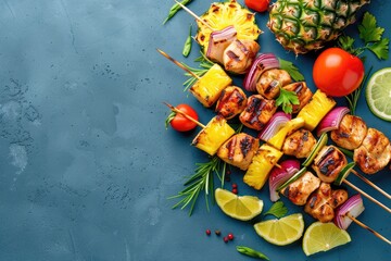 Vibrant Grilled Chicken Skewers with Pineapple and Tomatoes on Blue Background