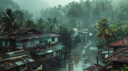 A street in a village that is flooded with water. The water is murky and brown. The houses on either side of the street are made of wood and are on stilts. 
