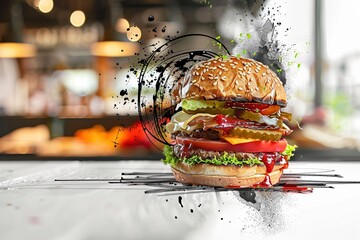 A juicy cheeseburger with sesame seed bun, depicted in a combination of photo and realistic pencil drawing.