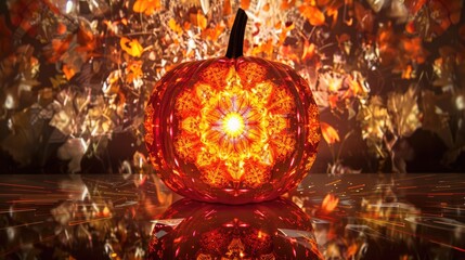 Pumpkin illuminated by holographic background and prism creating kaleidoscopic display