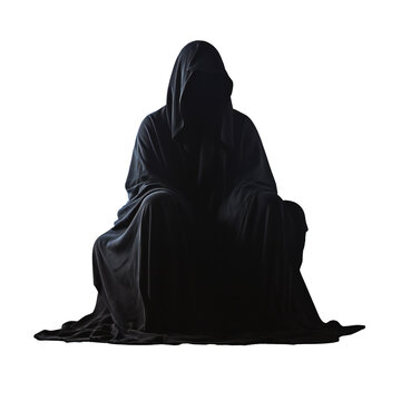 Hooded figure in dark cloak sitting in shadow transparent background