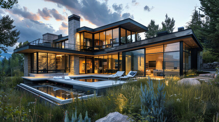 A modern house with large glass windows and a swimming pool in the backyard.