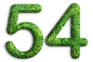 3d of the number of 54 is made from green grass on white background, go green concept