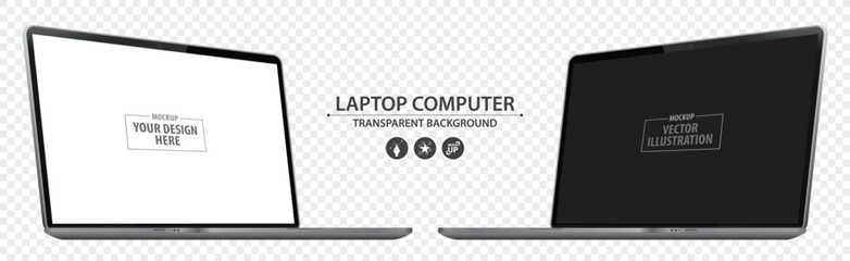 Laptop Computer Mockup with Perspective View. Notebook PC realistic vector illustration with transparent background.