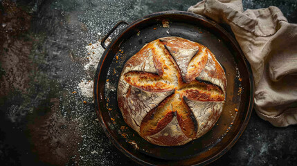 Artisan sourdough bread in rustic  wicker basket with golden crust