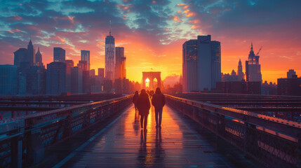 A couple walking on a bridge over a city with a sunset in the background