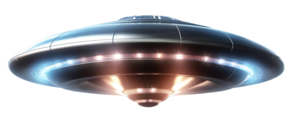 Futuristic flying saucer with neon lights transparent background