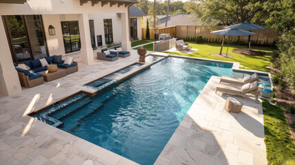 Modern private secluded villa with backyard swimming pool with patio and other outdoor furniture, aerial view.