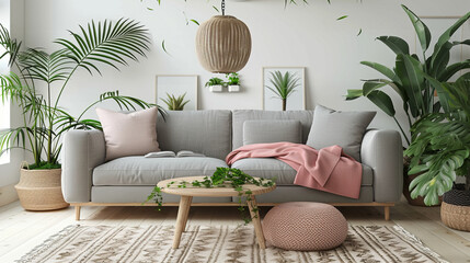 Modern Minimalist Living Room with Gray Sofa, Pink Blanket, Wooden Coffee Table, Carpet, Pendant Lamp, and Plants, White Background, Scandinavian Design, High-Resolution Detail for Product Display or 