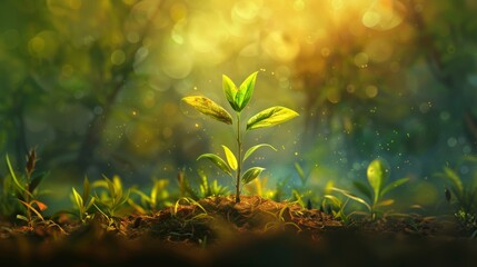 A young plant sprouting in vibrant, sunlit forest setting symbolizes growth, new beginnings, and the beauty of nature's cycle.