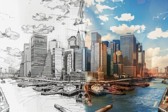A city scene transitions from a realistic photo on the right to a detailed hand-drawn sketch on the left, capturing the dynamic atmosphere.