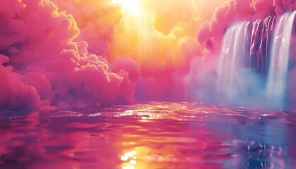 Stunning sunset above vibrant pink clouds and a serene waterfall, reflecting beautifully on the smooth surface of the water below.