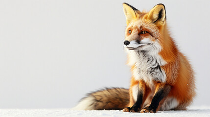 Fototapeta premium Adorable fox with a bushy tail on a white background