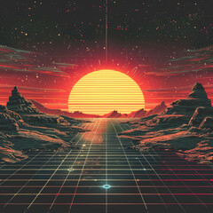  large sunset behind alien mountains with a reflective surface, 80's style landscape poster 