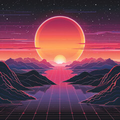  large sunset behind alien mountains with a reflective surface, 80's style landscape poster 