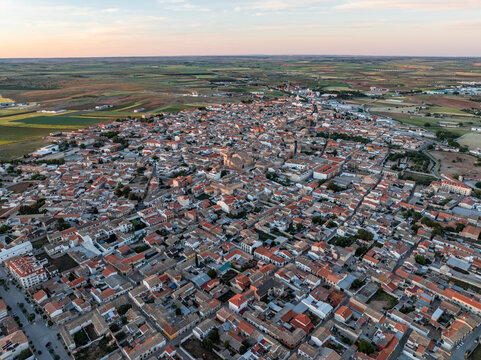 Aerial view of medieval town with historic stone buildings, San Clemente, Castilla - La Mancha, Spain.