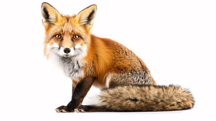 Obraz premium Adorable fox with a bushy tail on a white background