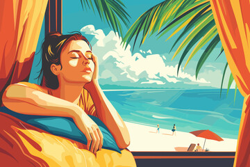 Young woman dreaming of future vacation trip, planning holiday at workplace, buying plane tickets online for relaxing getaway, travel concept vector illustration