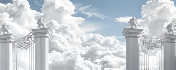 white heaven gates with clouds on white background, 