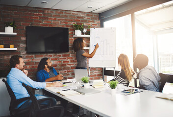 Meeting, whiteboard and presentation with graphs by woman, lens and boardroom. Planning, finance or strategy with data for research, sales or business people for retail sector with chart presentation