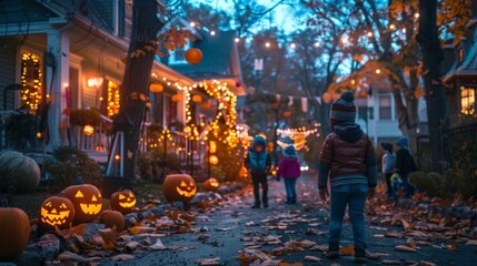 Halloween Festivities: Illustrate a lively Halloween night with kids trick-or-treating in costumes, decorated houses with pumpkins and spooky lights, emphasizing fun and community spirit.