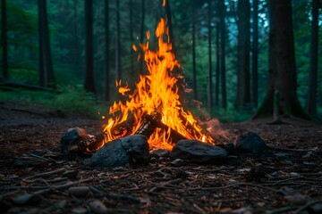 Outdoor Adventure Bonfire in Tranquil Forest Setting - Perfect for Camping and Nature Photography