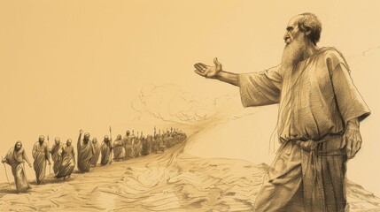 Parting of Red Sea by Moses, Israelites Walking on Dry Ground, Biblical Illustration, Beige Background, Copyspace