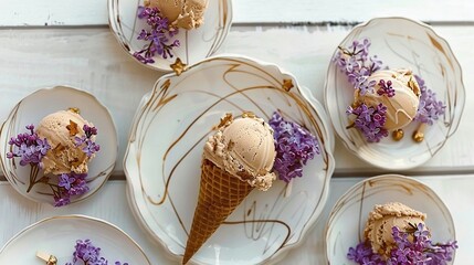  Plates filled with chocolate-frosted desserts & sprinkled with purple flowers