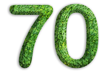 3d of the number of 70 is made from green grass on white background, go green concept