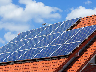 Modern red-tiled roof equipped with efficient solar panels under a bright blue sky, showcasing renewable energy and sustainable living; ideal for eco-friendly and green energy promotions.