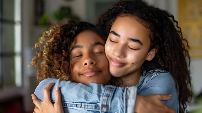 Happy biracial teenage daughter with eyes closed hugging mother from behind at home