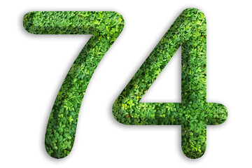 3d of the number of 74 is made from green grass on white background, go green concept